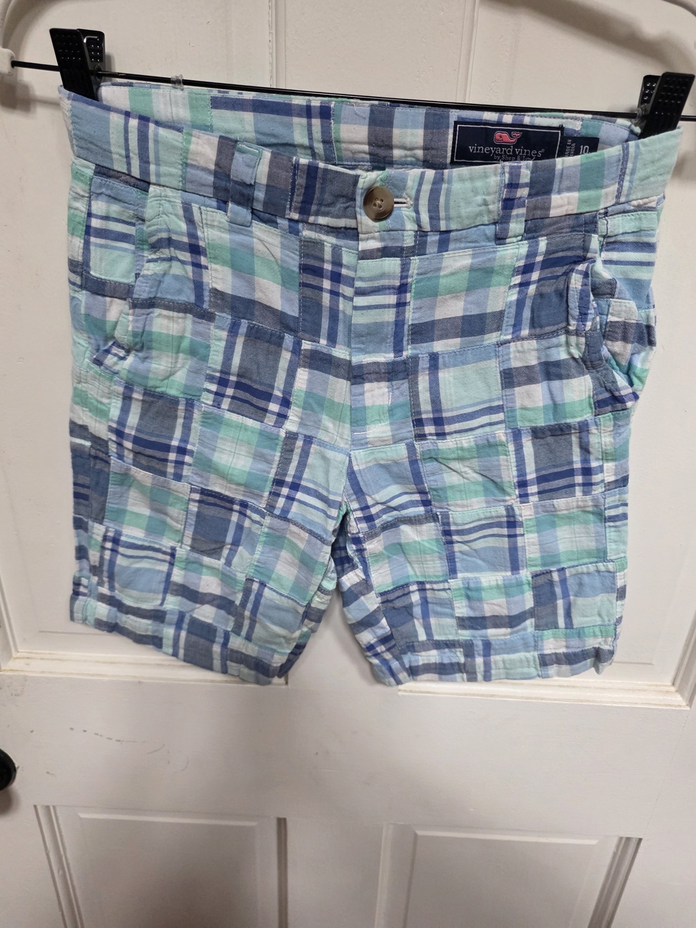 Vineyard Vines Cotton Plaid Madras Print Boys Shorts - Blue Mint White